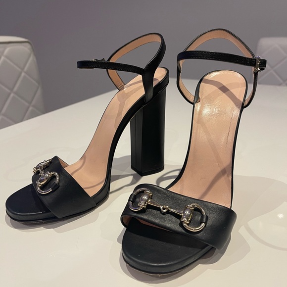 Gucci Black Leather Horsebit Ankle Strap Open Toe Block Heel Sandals Size 38 - Picture 3 of 8